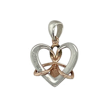 Load image into Gallery viewer, Bring romantic symbolism and soft elegance to your collection with this pre-owned 925 silver with 9ct Clogau rose gold and opalique set lovespoon heart pendant, combining Welsh heritage with luminous detail—perfect for meaningful gifting or everyday sentiment.

Design: The pendant features a traditional lovespoon design with an open heart and shimmering opalique stone, accented with 9ct rose gold detailing for added warmth and charm.

