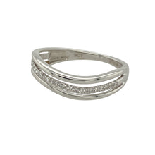 Load image into Gallery viewer, Bring modern elegance and graceful sparkle to your collection with this pre-owned 9ct white gold diamond set wavey band ring, featuring a flowing design with subtle brilliance—perfect for contemporary styling or refined gifting.

Design: The front of the ring is split into three softly curved, wave-like bands, with delicate diamond accents set into the flowing design for a touch of sparkle. The band measures 5mm wide at the front.
Material: Made from 9-carat white gold

