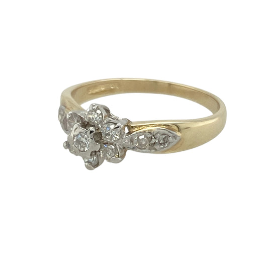 Bring delicate sparkle and timeless charm to your collection with this pre-owned 9ct yellow gold diamond set flower cluster ring, featuring a classic floral design with elegant diamond accents—perfect for special occasions or everyday elegance.

Design: The ring showcases a central flower-shaped cluster of diamonds, enhanced by additional diamonds set along the shoulders for added brilliance and detail.
