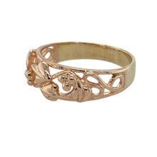 Load image into Gallery viewer, Bring natural elegance and subtle contrast to your collection with this pre-owned 9ct yellow and rose gold leaf vine band ring, featuring flowing design and warm tones—perfect for everyday beauty or nature-inspired gifting.

Design: The front of the ring features an 8mm wide vine and leaf motif, with intertwining yellow and rose gold elements that create depth, texture, and organic movement.
Material: Made from 9-carat yellow and rose gold, the polished finish highlights the soft contrast between the metals
