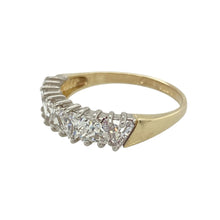Load image into Gallery viewer, Bring contemporary sparkle and geometric style to your collection with this pre-owned 9ct yellow gold cubic zirconia set band ring, featuring clean lines and modern brilliance—perfect for everyday shine or stacking with statement.

Design: The front of the 4mm wide band is set with a row of triangle-cut cubic zirconia stones, creating a bold, faceted look with angular elegance and eye-catching sparkle.

