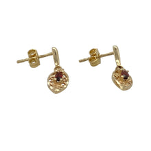 Load image into Gallery viewer, Bring vintage charm and graceful colour to your collection with these pre-owned 9ct yellow gold garnet set filigree drop earrings, featuring delicate detailing and rich red tones—perfect for elegant styling or special gifting.

Design: Each earring showcases a 4mm by 1mm garnet stone set within an ornate filigree drop design, offering timeless elegance with a hint of vintage flair.

