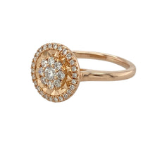 Load image into Gallery viewer, Make a sparkling statement with this pre-owned 18ct rose gold diamond cluster halo ring—an eye-catching design full of detail, radiance, and romantic charm.

Design: At the centre is a brilliant cluster of diamonds, framed by a starburst-style surround and an additional outer halo of diamonds. The layered design creates a dazzling depth and intricate finish, with the front of the ring measuring 10mm high.

