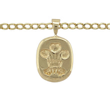 Load image into Gallery viewer, Celebrate heritage and strength with this pre-owned 9ct yellow gold Welsh Three Feathers pendant necklace—a bold and meaningful statement steeped in tradition.

Design: The pendant showcases the iconic Prince of Wales’s Three Feathers emblem, measuring 2.8cm long including the bail. Paired with a classic 18&quot; curb chain, this piece is both striking and steeped in symbolism.
Material: Made from 9-carat yellow gold, the warm, polished finish highlights the detailed design and adds a timeless, elegant feel.

