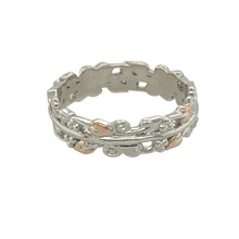 Load image into Gallery viewer, Celebrate heritage and natural beauty with this pre-owned 925 silver and 9ct rose gold Clogau Tree of Life band ring—a symbolic design with timeless elegance and depth.

Design: This 6mm wide band features the iconic Tree of Life motif in flowing vine and leaf patterns, elegantly highlighted with 9ct rose gold detailing.
Material: Made from sterling silver with accents of 9-carat rose gold, the mixed-metal design reflects the harmony and richness of nature.

