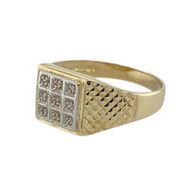 Load image into Gallery viewer, Add a touch of classic sophistication and subtle sparkle with this pre-owned 9ct yellow and white gold diamond set signet ring—blending timeless design with a refined finish.

Design: The ring features a 9mm high front with nine small diamonds arranged in a square white gold setting, offering a crisp contrast and eye-catching detail. Patterned shoulders add texture and elevate the traditional signet style.


