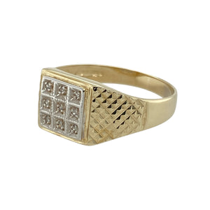 Add a touch of classic sophistication and subtle sparkle with this pre-owned 9ct yellow and white gold diamond set signet ring—blending timeless design with a refined finish.

Design: The ring features a 9mm high front with nine small diamonds arranged in a square white gold setting, offering a crisp contrast and eye-catching detail. Patterned shoulders add texture and elevate the traditional signet style.
