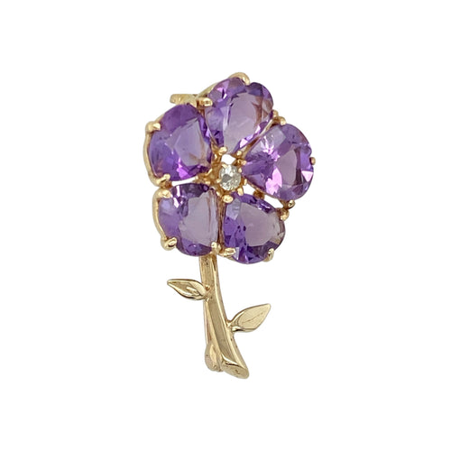 9ct Gold Diamond & Amethyst Set Flower Brooch