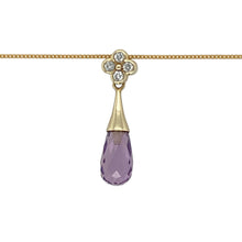Load image into Gallery viewer, Add a touch of elegance and colour to your jewellery collection with this pre-owned 9ct yellow gold diamond and amethyst pendant necklace—refined, graceful, and full of charm.

Design: The pendant features a 10mm by 6mm oval-cut amethyst, suspended from a sparkling cluster of four small diamonds set in the bail. The total length of the pendant, including the bail, is 2.5cm.

