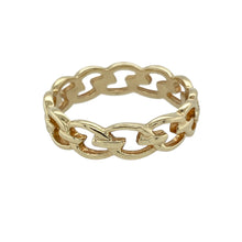 Load image into Gallery viewer, Add a modern edge with classic warmth to your collection with this pre-owned 9ct yellow gold open link style band ring—sleek, stylish, and easy to wear.

Design: The 5mm wide band features an open link-inspired pattern, offering a bold yet refined look with a touch of contemporary flair.
Material: Made from 9-carat yellow gold, the polished finish highlights the geometric design and adds a luxurious sheen.

