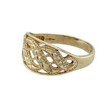 Load image into Gallery viewer, Add delicate detail and vintage charm to your jewellery collection with this pre-owned 9ct yellow gold open patterned wide band ring—a graceful design with timeless appeal.

Design: The band features an intricate openwork pattern across the front, measuring 9mm high, offering a lacy, decorative look with a lightweight feel.
Material: Made from 9-carat yellow gold, the polished finish enhances the detailed craftsmanship and adds warmth to the ornate design.

