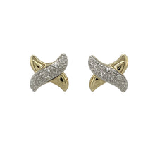 Load image into Gallery viewer, Add a touch of sentiment and sparkle with these pre-owned 9ct yellow and white gold diamond kiss shape stud earrings—charming, elegant, and full of meaning.

Design: Each earring is styled in a graceful &quot;X&quot; kiss shape, combining polished yellow and white gold for a beautiful two-tone finish. A diamond accent adds a subtle shimmer to the centre of each stud.

