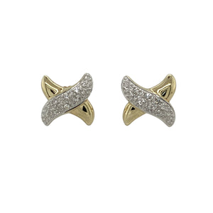 Add a touch of sentiment and sparkle with these pre-owned 9ct yellow and white gold diamond kiss shape stud earrings—charming, elegant, and full of meaning.

Design: Each earring is styled in a graceful "X" kiss shape, combining polished yellow and white gold for a beautiful two-tone finish. A diamond accent adds a subtle shimmer to the centre of each stud.
