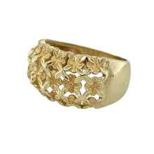 Load image into Gallery viewer, Bring vintage charm and intricate detail to your collection with this pre-owned 9ct yellow gold flower style patterned wide band ring—a bold yet graceful design full of character.

Design: The band features an ornate floral-inspired pattern across the front, with delicate openwork and textured detailing. Measuring 12mm wide, it offers a standout, lace-like appearance.
Material: Made from 9-carat yellow gold, the warm tone enhances the intricate design and provides a timeless, elegant finish.

