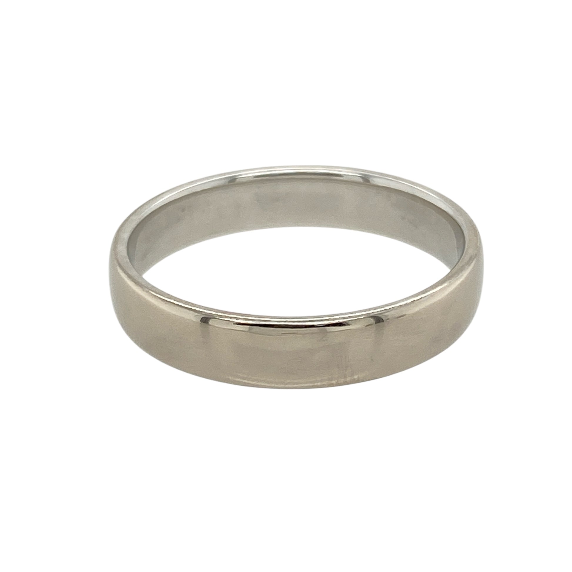 Timeless and elegant, this pre-owned 18ct white gold wedding band ring is a classic symbol of commitment—refined, durable, and made to last.

Design: This traditional 4mm wide band features a smooth, polished surface with a clean, modern profile—ideal for everyday wear or formal occasions.
Material: Made from 18-carat white gold, the band offers a bright, luxurious finish with excellent durability and lasting shine.
