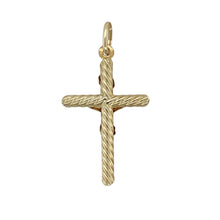 Load image into Gallery viewer, Express your faith with timeless style in this pre-owned 9ct yellow gold twisted crucifix pendant—a meaningful design with a unique, elegant twist.

Design: This pendant features a traditional crucifix with gently twisted arms, adding dimension and a distinctive touch to the classic form.
Material: Made from 9-carat yellow gold, the polished finish brings warmth and shine, enhancing the sculpted detail throughout the design.

