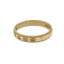 Load image into Gallery viewer, Add vintage charm and delicate sparkle to your jewellery collection with this pre-owned 9ct yellow gold diamond set milgrain edge band ring—elegant, timeless, and full of detail.

Design: This 3mm wide band features six small diamonds set in starburst-style engravings across the band, accented by fine milgrain edging for a refined, antique-inspired finish.
Material: Made from 9-carat yellow gold, the warm, polished tone enhances the intricate design and highlights the subtle brilliance of each diamond.

