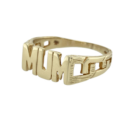 Celebrate love and appreciation with this pre-owned 9ct yellow gold Mum ring—a meaningful design with bold styling and heartfelt sentiment.

Design: The ring features the word “Mum” across an 8mm high front, framed by open curb link patterned shoulders for added texture and standout appeal.
Material: Made from 9-carat yellow gold, the polished finish enhances the design and adds a warm, classic glow.
