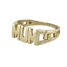 Load image into Gallery viewer, Celebrate love and appreciation with this pre-owned 9ct yellow gold Mum ring—a meaningful design with bold styling and heartfelt sentiment.

Design: The ring features the word “Mum” across an 8mm high front, framed by open curb link patterned shoulders for added texture and standout appeal.
Material: Made from 9-carat yellow gold, the polished finish enhances the design and adds a warm, classic glow.

