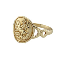 Load image into Gallery viewer, Add historical flair and classic design to your collection with this pre-owned 9ct yellow gold George and the Dragon coin style ring—rich in detail and symbolic meaning.

Design: The ring features a 12mm high coin-style face depicting the iconic image of Saint George slaying the dragon, offering a bold and recognisable design steeped in tradition.
Material: Made from 9-carat yellow gold, the polished finish enhances the fine detailing of the coin motif and adds a warm, elegant glow.

