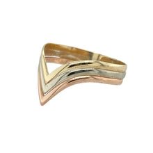Load image into Gallery viewer, Celebrate luck, unity, and timeless style with this pre-owned 9ct yellow, rose, and white gold wishbone ring—delicate in size, rich in meaning.

Design: This elegant wishbone ring features a softly curved band with a tri-colour gold design—yellow, rose, and white gold seamlessly blended across the 6mm wide centre.
Material: Made from 9-carat gold in three tones, the polished finish adds warmth, contrast, and a timeless look that complements any jewellery collection.

