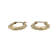 Load image into Gallery viewer, Add geometric charm and everyday elegance to your collection with these pre-owned 9ct yellow gold seven-sided patterned creole earrings—lightweight, stylish, and full of character.

Design: These unique creole earrings feature a seven-sided angular shape with detailed patterning that adds texture and visual interest to the polished finish.
Material: Made from 9-carat yellow gold, the warm tone and intricate design offer a timeless look with a modern twist.

