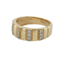 Load image into Gallery viewer, Add bold brilliance and refined design to your jewellery collection with this pre-owned 9ct yellow gold diamond set band ring—modern styling with timeless sparkle.

Design: The front of the 6mm wide band features elegant downward stripes, each set with small brilliant-cut diamonds for a striking, textured look.
Material: Made from 9-carat yellow gold, the polished finish provides a warm, classic contrast to the shimmer of the diamonds.

