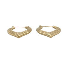 Load image into Gallery viewer, Add romantic charm and classic shine to your collection with these pre-owned 9ct yellow gold heart-shaped creole earrings—elegant, feminine, and beautifully detailed.

Design: These creole-style earrings feature a sweet heart-shaped silhouette with subtle engraved patterning, blending simplicity with a touch of vintage-inspired detail.
Material: Made from 9-carat yellow gold, the polished finish enhances the delicate pattern and adds a warm, radiant glow.

