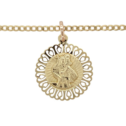 Carry protection and classic style with this pre-owned 9ct yellow gold St Christopher pendant necklace—beautifully detailed and rich in meaning.

Design: The pendant features a finely detailed image of St Christopher, the patron saint of travellers, framed by an ornate fancy surround. The full pendant measures 3.6cm long including the bail.
Material: Made from 9-carat yellow gold, the polished finish enhances the intricate design and gives a warm, radiant glow.
