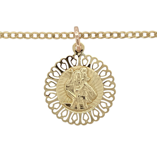 Carry protection and classic style with this pre-owned 9ct yellow gold St Christopher pendant necklace—beautifully detailed and rich in meaning.

Design: The pendant features a finely detailed image of St Christopher, the patron saint of travellers, framed by an ornate fancy surround. The full pendant measures 3.6cm long including the bail.
Material: Made from 9-carat yellow gold, the polished finish enhances the intricate design and gives a warm, radiant glow.
