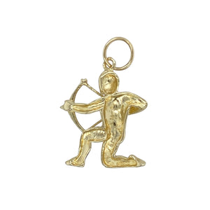 Capture strength and tradition with this pre-owned 9ct yellow gold hunter with bow and arrow pendant—detailed, symbolic, and full of character.

Design: This unique pendant features a finely crafted figure of a hunter poised with a bow and arrow, symbolising focus, bravery, and determination.
Material: Made from 9-carat yellow gold, the polished finish highlights the intricate detailing and gives a warm, radiant glow.
