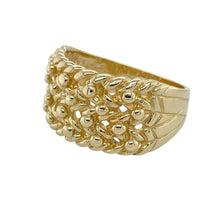 Load image into Gallery viewer, Bring bold vintage character and lasting appeal to your collection with this pre-owned 9ct yellow gold four row keeper ring—an iconic design with a statement presence and timeless edge.

Design: The ring features a classic four row open keeper style with interwoven gold detailing, forming a bold and textured look across the front. Measuring 13mm in height, it offers strong visual impact and vintage charm.

