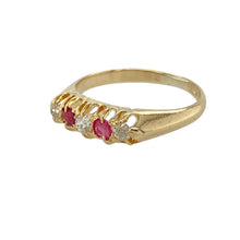 Load image into Gallery viewer, Add vintage charm and delicate detail to your collection with this pre-owned 18ct yellow gold diamond and ruby band ring—subtle in design yet rich in character and timeless appeal.

Design: The vintage-style band features three sparkling diamonds, each spaced by 2mm diameter rubies, creating a graceful pattern of alternating brilliance and colour.
Material: Made from 18-carat yellow gold, the polished finish enhances the classic design and offers a warm, elegant glow.


