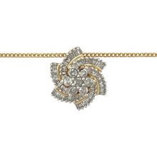 Load image into Gallery viewer, Add floral elegance and delicate sparkle to your collection with this pre-owned 9ct yellow gold and diamond set flower cluster pendant necklace—graceful in design and perfect for everyday beauty or special occasions.

Design: The pendant features a 15mm diameter flower cluster, with diamonds arranged in a classic floral pattern that catches the light with every movement.

