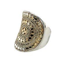 Load image into Gallery viewer, Make a bold style statement with this pre-owned Anna Beck classic saddle ring—crafted in 925 silver with 18ct gold plating, blending artisan detail with eye-catching form.

Design: The ring features Anna Beck’s signature handcrafted dot detailing in a classic saddle shape, with a front height of 2.7cm for strong visual impact and timeless appeal.

