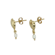 Load image into Gallery viewer, Add romantic charm and refined elegance to your collection with these pre-owned 9ct yellow gold diamond and pearl set drop heart stud earrings—delicate, feminine, and perfect for any occasion.

Design: Each earring features a heart-shaped stud accented with a diamond, from which a dainty pearl drop hangs. The pearls measure 3mm by 2mm, offering a soft, classic touch.

