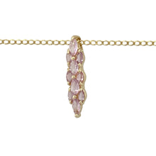 Load image into Gallery viewer, Add a soft touch of colour and graceful sparkle to your collection with this pre-owned 9ct yellow gold pink stone set cluster line pendant necklace—delicate, feminine, and perfect for everyday elegance.

Design: The pendant features a vertical cluster line of pink stones, creating a refined and eye-catching drop. Measuring 2.4cm long, it offers subtle movement and sparkle with a soft, romantic hue.

