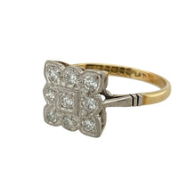 Load image into Gallery viewer, Add vintage elegance and geometric charm to your collection with this pre-owned 18ct yellow gold and platinum diamond set Art Deco style ring—refined, eye-catching, and full of timeless appeal.

Design: The ring features a bold 10mm high Art Deco inspired design with clean lines and geometric detail, set with sparkling diamonds that enhance its vintage character.
Material: Made from 18-carat yellow gold with platinum settings
