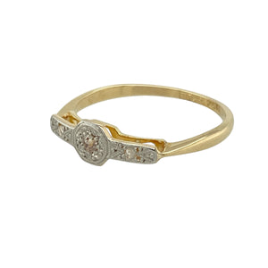 Add vintage sophistication and geometric charm to your collection with this pre-owned 18ct yellow gold and platinum diamond set Art Deco style ring—elegant, timeless, and full of classic character.

Design: The ring features an Art Deco inspired design with sharp lines and symmetrical detail, set with sparkling diamonds across the 5mm wide front for a refined and structured look.
