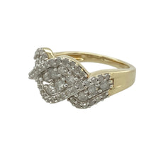 Load image into Gallery viewer, Add bold sparkle and elegant movement to your collection with this pre-owned 9ct yellow gold diamond set twist band ring—striking, refined, and perfect for statement styling.

Design: The ring features an 11mm wide front with a flowing twist design, set with multiple brilliant cut diamonds that catch the light from every angle.
Material: Made from 9-carat yellow gold, the polished finish enhances the sculptural twist and the brilliance of the diamonds.

