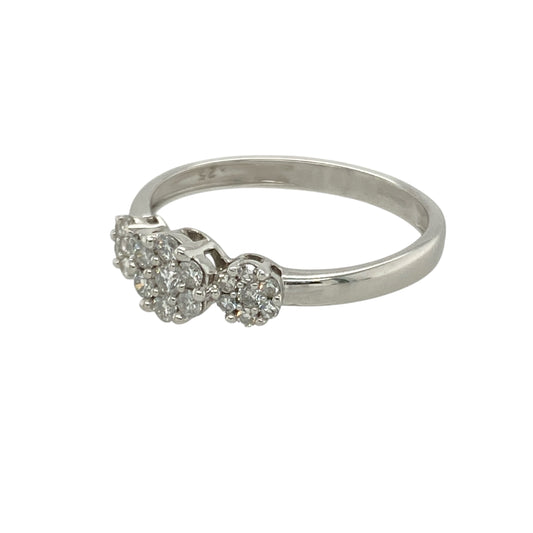 Add elegant sparkle and symbolic design to your collection with this pre-owned 9ct white gold diamond set cluster trilogy ring—refined, meaningful, and perfect for timeless styling.

Design: The ring features three diamond clusters across the 5mm wide front, with the central cluster slightly larger to create a balanced and eye-catching trilogy effect. The total diamond content is approximately 0.25ct.

