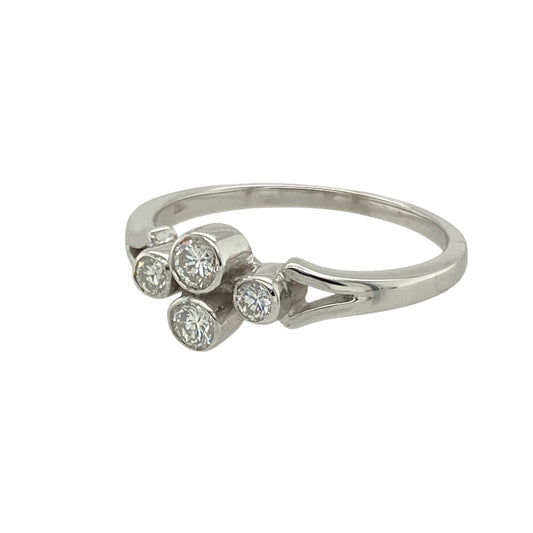 Add sleek sophistication and timeless sparkle to your collection with this pre-owned 18ct white gold diamond rubover set ring—elegant, modern, and full of refined detail.

Design: The ring features four brilliant cut diamonds set closely together in a clean rubover setting, framed by split shoulders that enhance the design’s flow and structure. The total diamond content is approximately 0.30ct.
