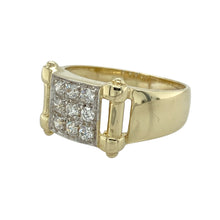 Load image into Gallery viewer, Bring bold style and refined sparkle to your collection with this pre-owned 9ct yellow gold signet ring, featuring a striking square face set with shimmering stones—perfect for standout everyday wear or a modern statement look.

Design: The ring features a 9mm high square face set with nine round cubic zirconia stones in a grid formation, offering a clean, geometric layout with brilliant shine.

