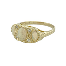 Load image into Gallery viewer, Bring timeless elegance and iridescent charm to your collection with this pre-owned 9ct yellow gold vintage-style ring, featuring glowing opals accented by delicate diamonds—perfect for adding refined beauty with a vintage touch.

Design: The ring features a central 7mm by 5mm oval opal, flanked by two 5mm by 3mm opals on each side. Small diamonds are delicately set around the stones, adding subtle sparkle and enhancing the vintage-inspired design.

