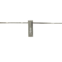 Load image into Gallery viewer, Bring sleek sparkle and minimalist elegance to your collection with this pre-owned 9ct white gold bar pendant necklace, featuring a fine diamond accent—perfect for everyday sophistication or subtle layering.

Design: The pendant measures 11mm long and is styled as a slim vertical bar, set with a single sparkling diamond for a clean and modern look. It hangs from a delicate 16&quot; fine box chain that complements the pendant’s refined design.

