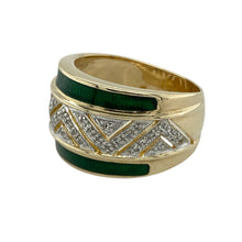 Load image into Gallery viewer, Bring bold design and vibrant detail to your collection with this pre-owned 9ct yellow gold wide band ring, featuring green enamel, sparkling diamonds, and a striking zig zag pattern—perfect for standout style with artistic flair.

Design: The front of the band measures 13mm high and showcases a vivid green enamel zig zag design set with sparkling diamonds for added contrast and texture. The dynamic pattern gives the ring a unique, eye-catching silhouette.

