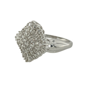 Bring bold sparkle and elegant detail to your collection with this pre-owned 9ct white gold cluster ring, featuring a striking diamond arrangement—perfect for special occasions or standout everyday glamour.

Design: The front of the ring measures 18mm high and features an eye-catching cluster of brilliant-cut diamonds, offering a bold and radiant look. The total diamond content is approximately 0.50ct, creating a dazzling focal point.
