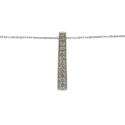 Bring modern elegance and subtle sparkle to your collection with this pre-owned 9ct white gold bar pendant necklace, featuring a sleek design accented with diamonds—perfect for everyday sophistication or minimalist layering.

Design: The pendant measures 2.1cm long and showcases a slim vertical bar set with sparkling diamonds for a refined and contemporary look. It hangs from a 16" white gold chain, creating a clean and elegant profile.
