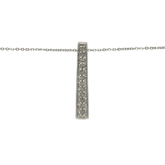 Bring modern elegance and subtle sparkle to your collection with this pre-owned 9ct white gold bar pendant necklace, featuring a sleek design accented with diamonds—perfect for everyday sophistication or minimalist layering.

Design: The pendant measures 2.1cm long and showcases a slim vertical bar set with sparkling diamonds for a refined and contemporary look. It hangs from a 16" white gold chain, creating a clean and elegant profile.
