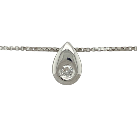 Bring graceful sparkle and timeless design to your collection with this pre-owned 9ct white gold teardrop pendant necklace, featuring a brilliant cut diamond—perfect for elegant everyday wear or a meaningful gift.

Design: The pendant measures 11mm long and is crafted in a classic teardrop shape, set with a brilliant cut diamond of approximately 0.11ct for refined sparkle. It hangs from an 18" white gold box chain that complements the pendant’s delicate design.